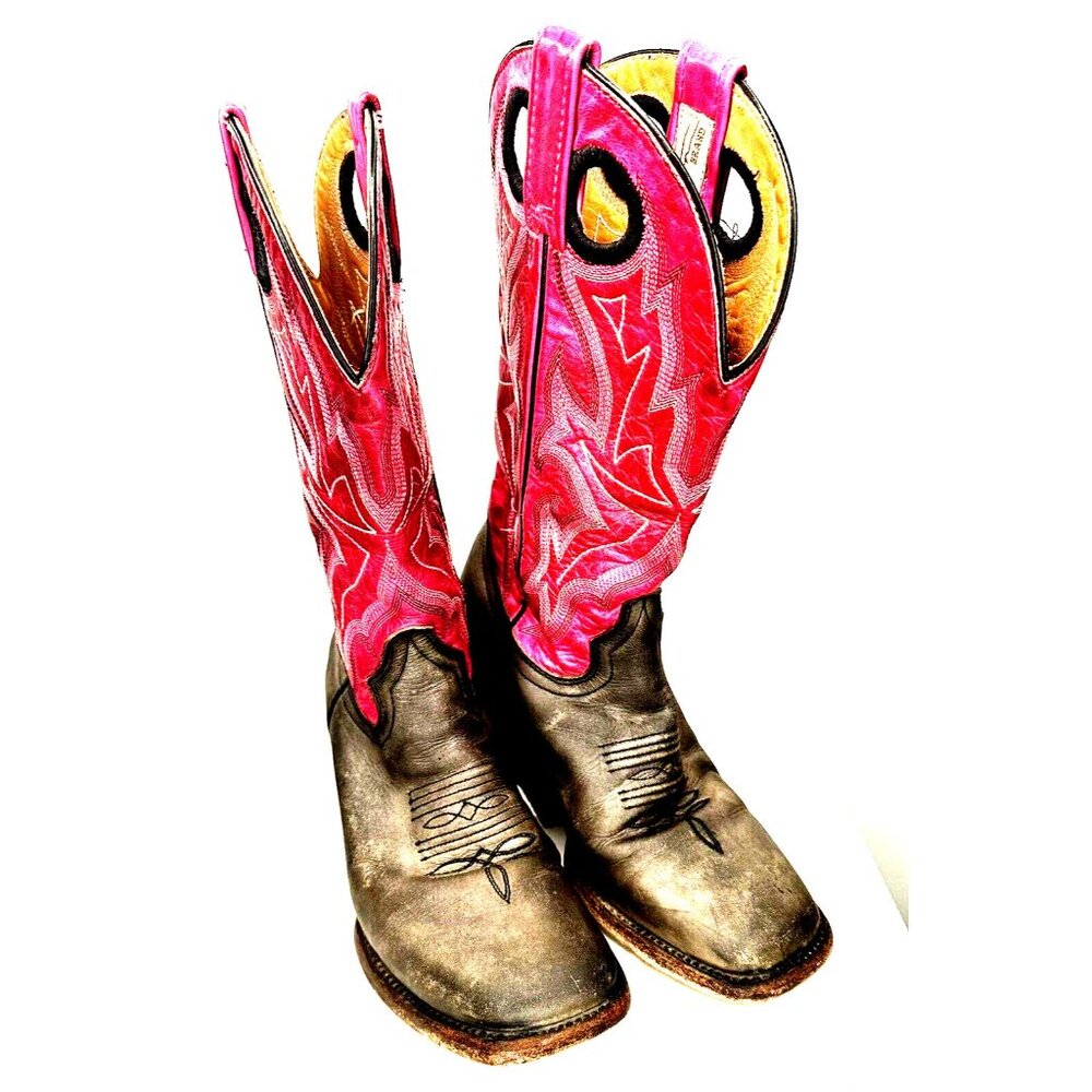 Vintage Stetson Cowboy Boots Western Ranch Leather Pink Gray Womens Size 5.5